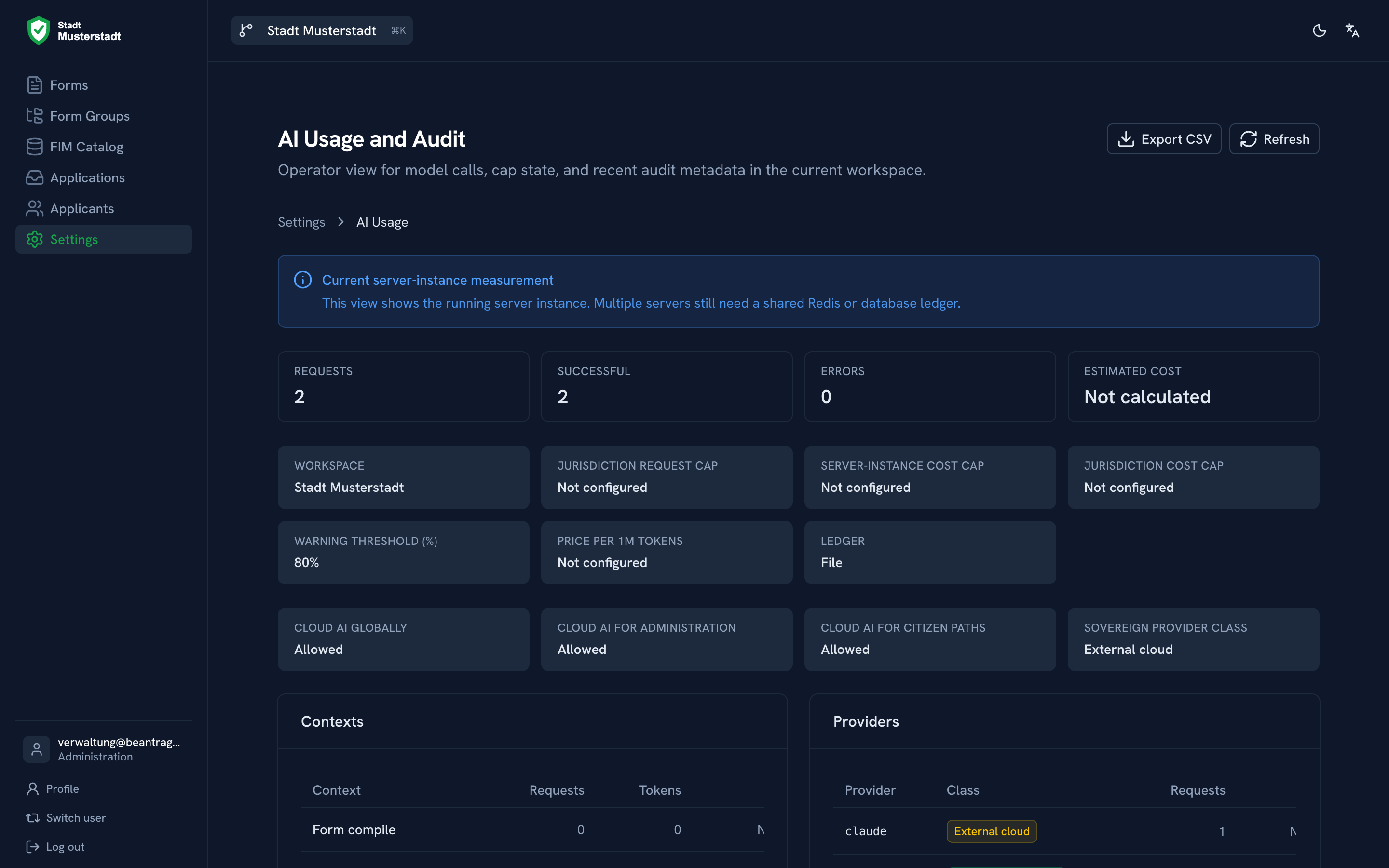 AI usage and audit: token consumption and cost per context visible in the admin panel