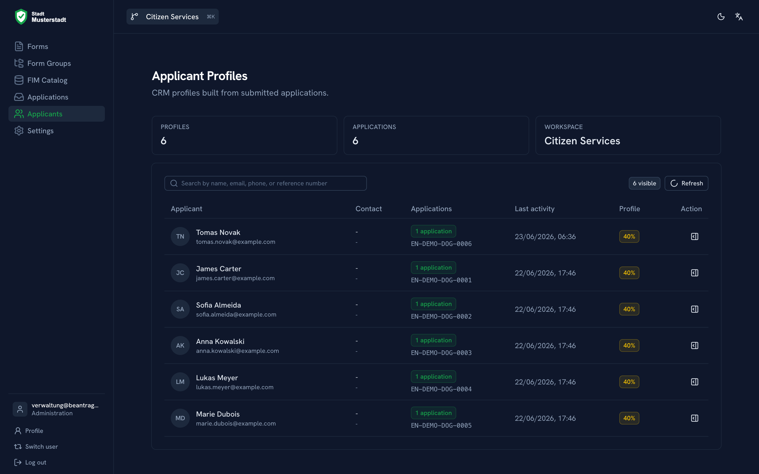 Applicant CRM with case history for each person