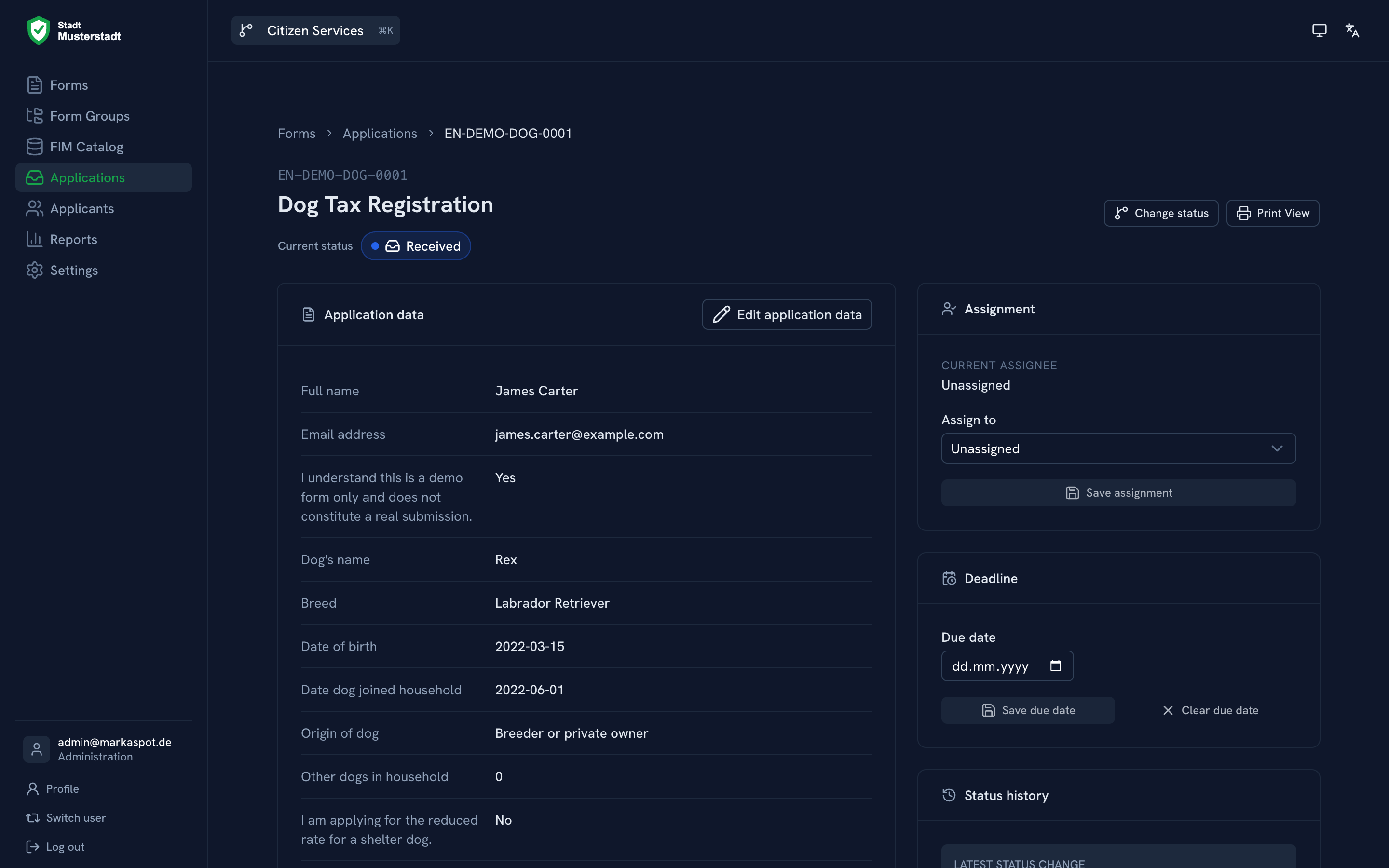 Application detail with status, assignment, deadline and application data