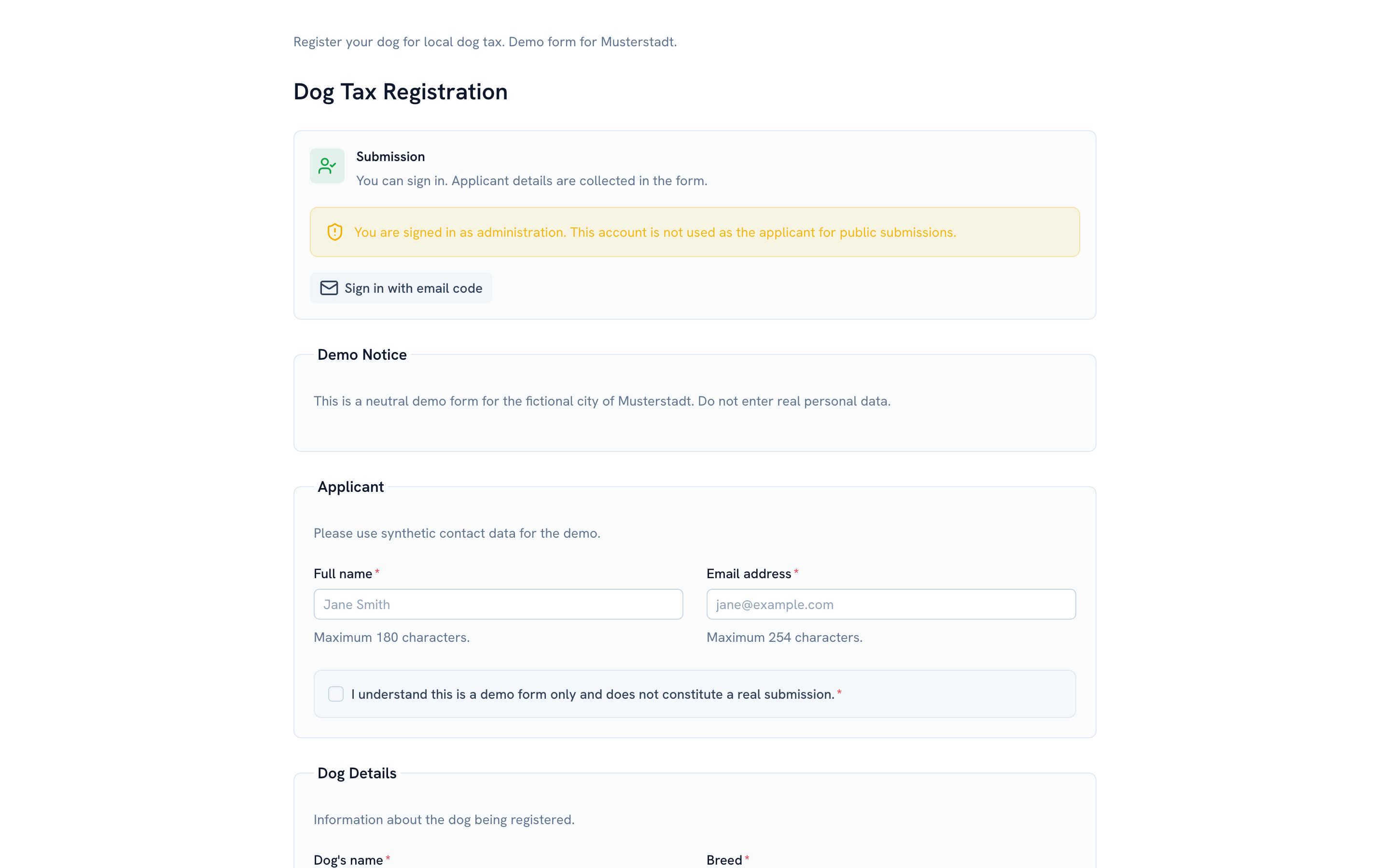 Embedded application form in an external public-sector portal via iframe integration