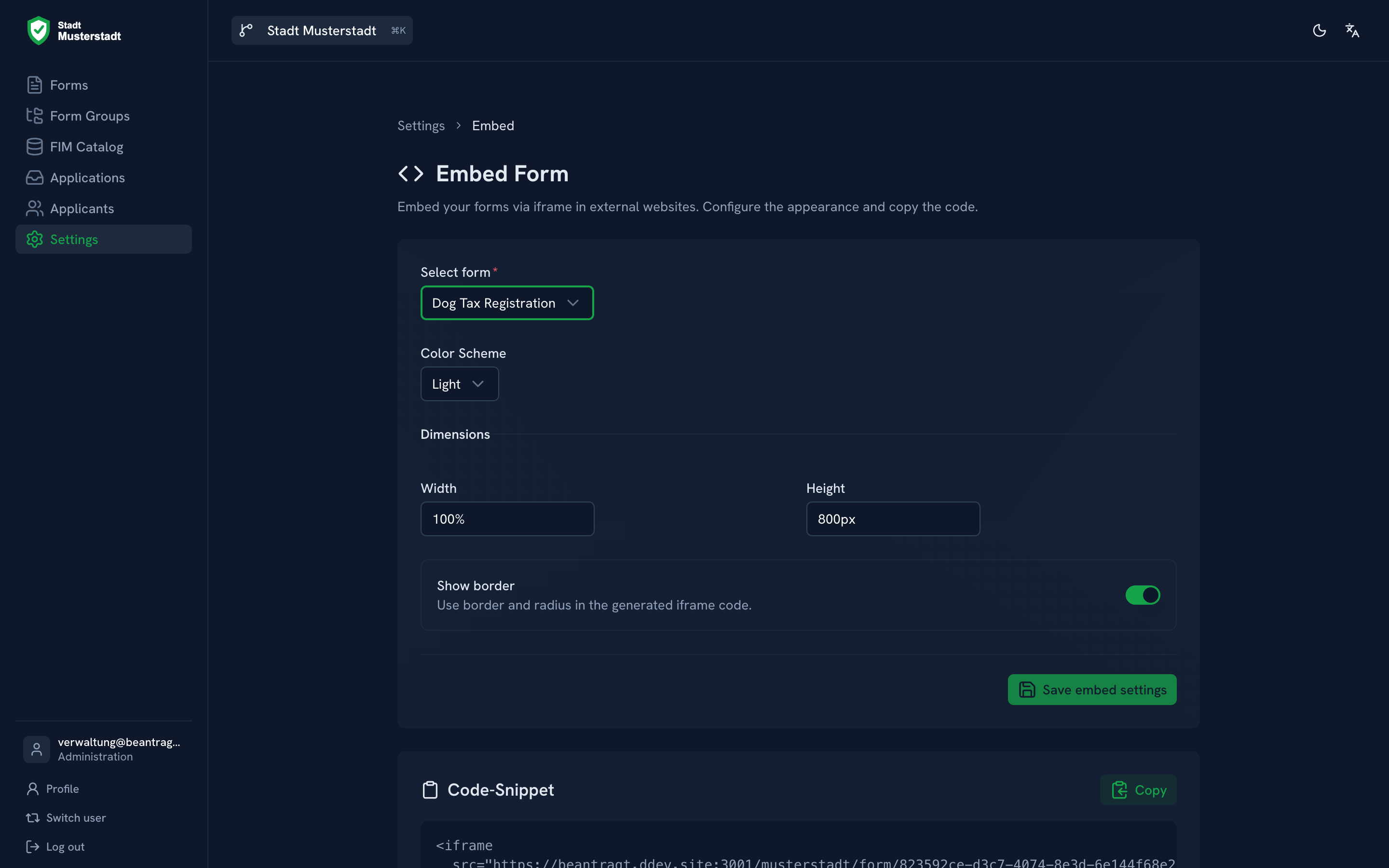 Embed settings with domain allowlist, redirect URL and appearance options