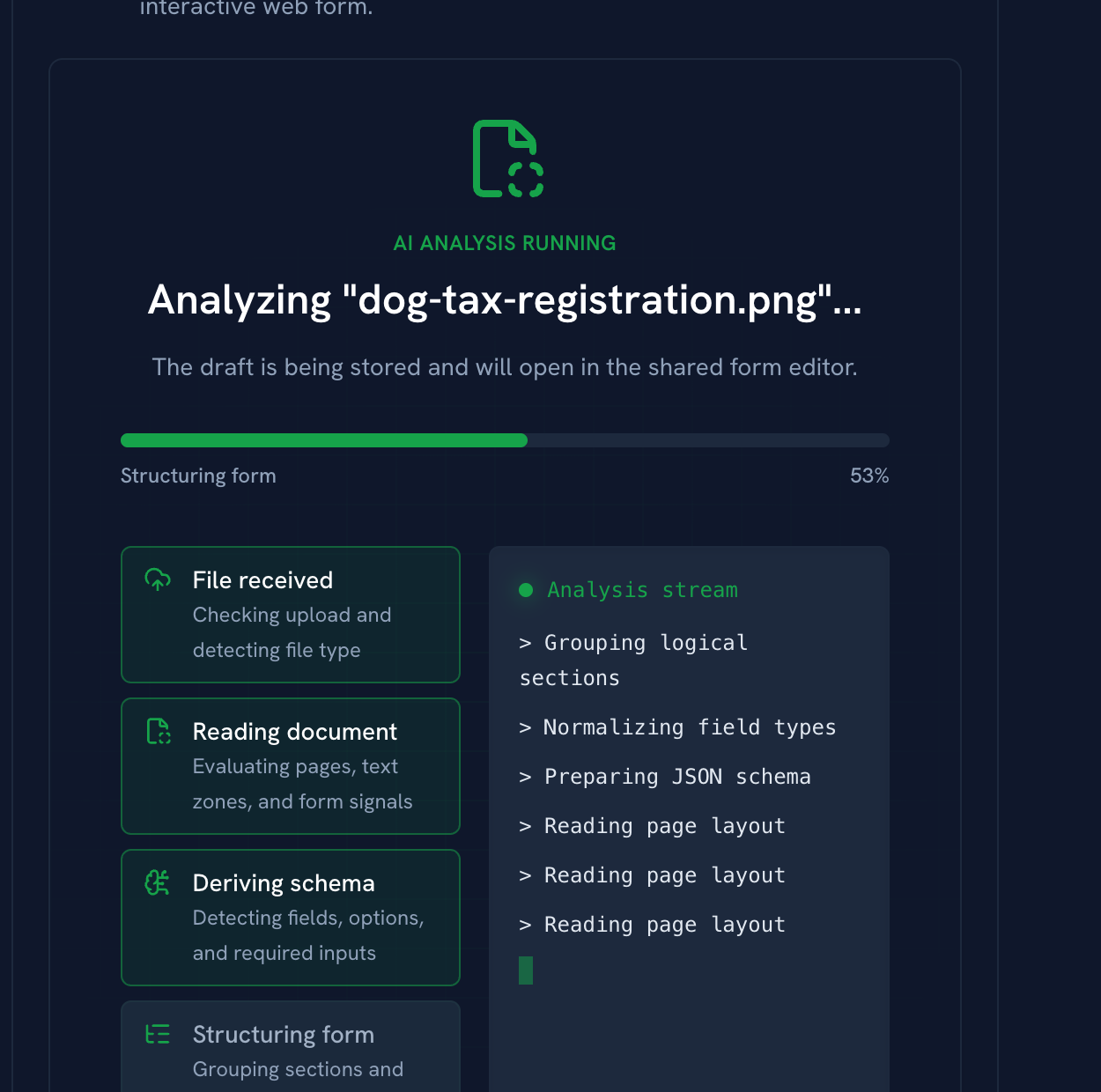 An existing PDF form is turned into a structured digital form