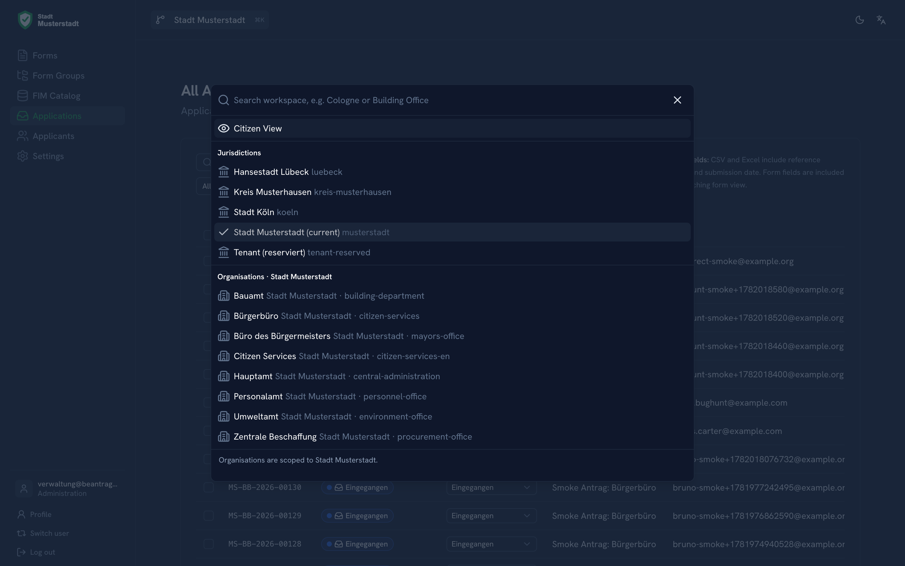 Organisation switcher with hierarchy of directorates, departments and divisions