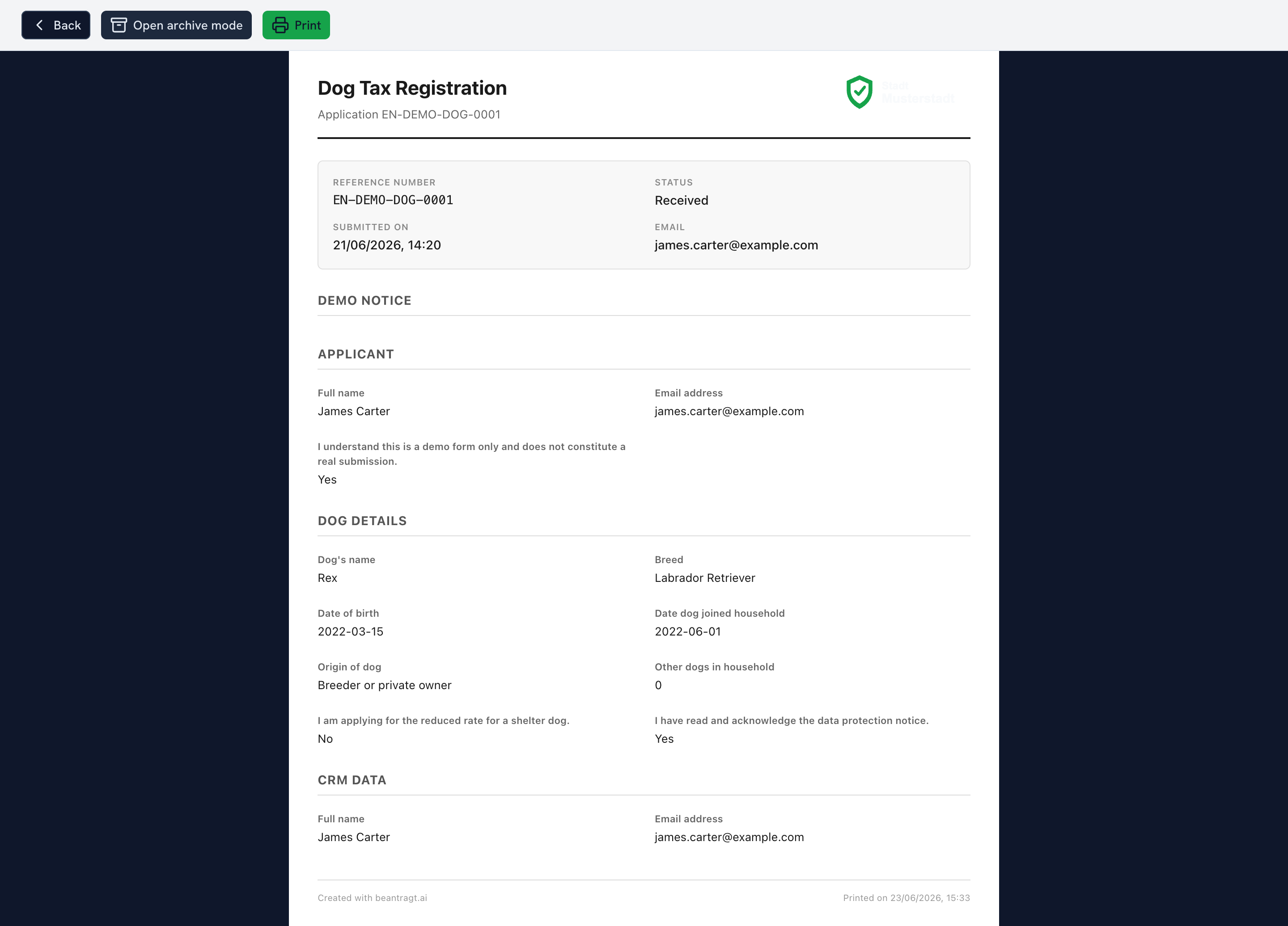 Print and archive view with a filled PDF generated from the case