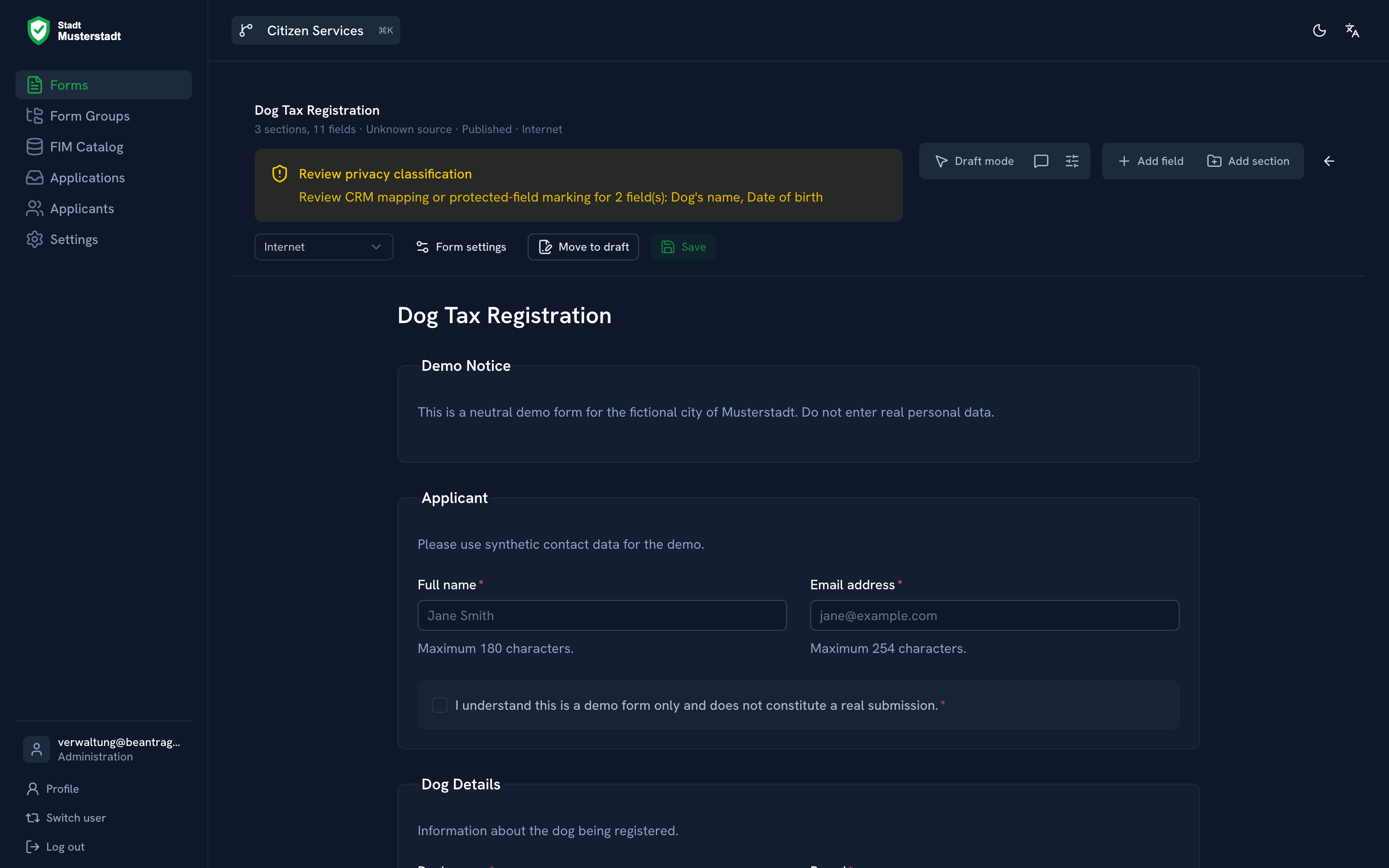 Schema editor with fields, ownership and visual editing