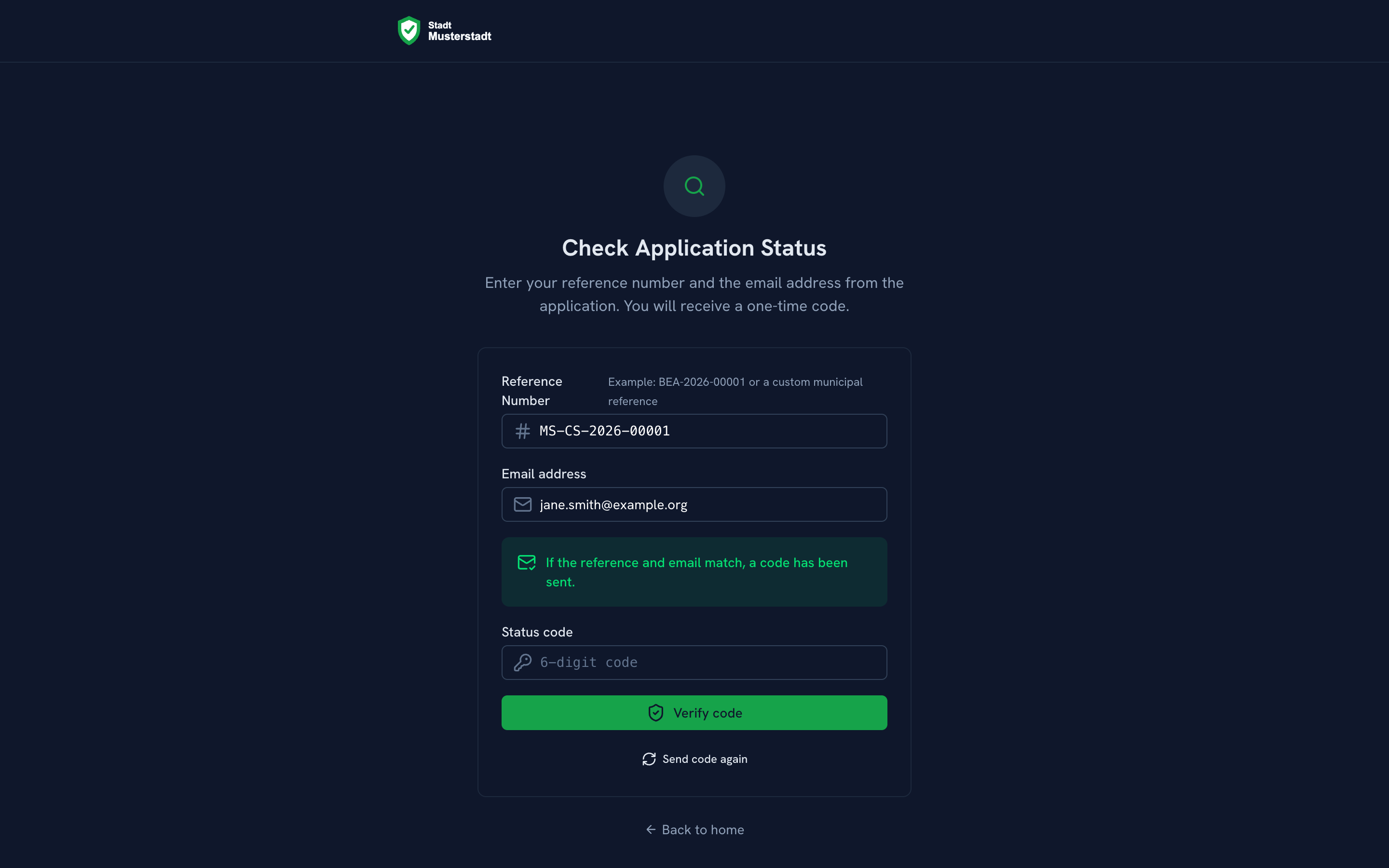 Status lookup with a one-time code and no user account