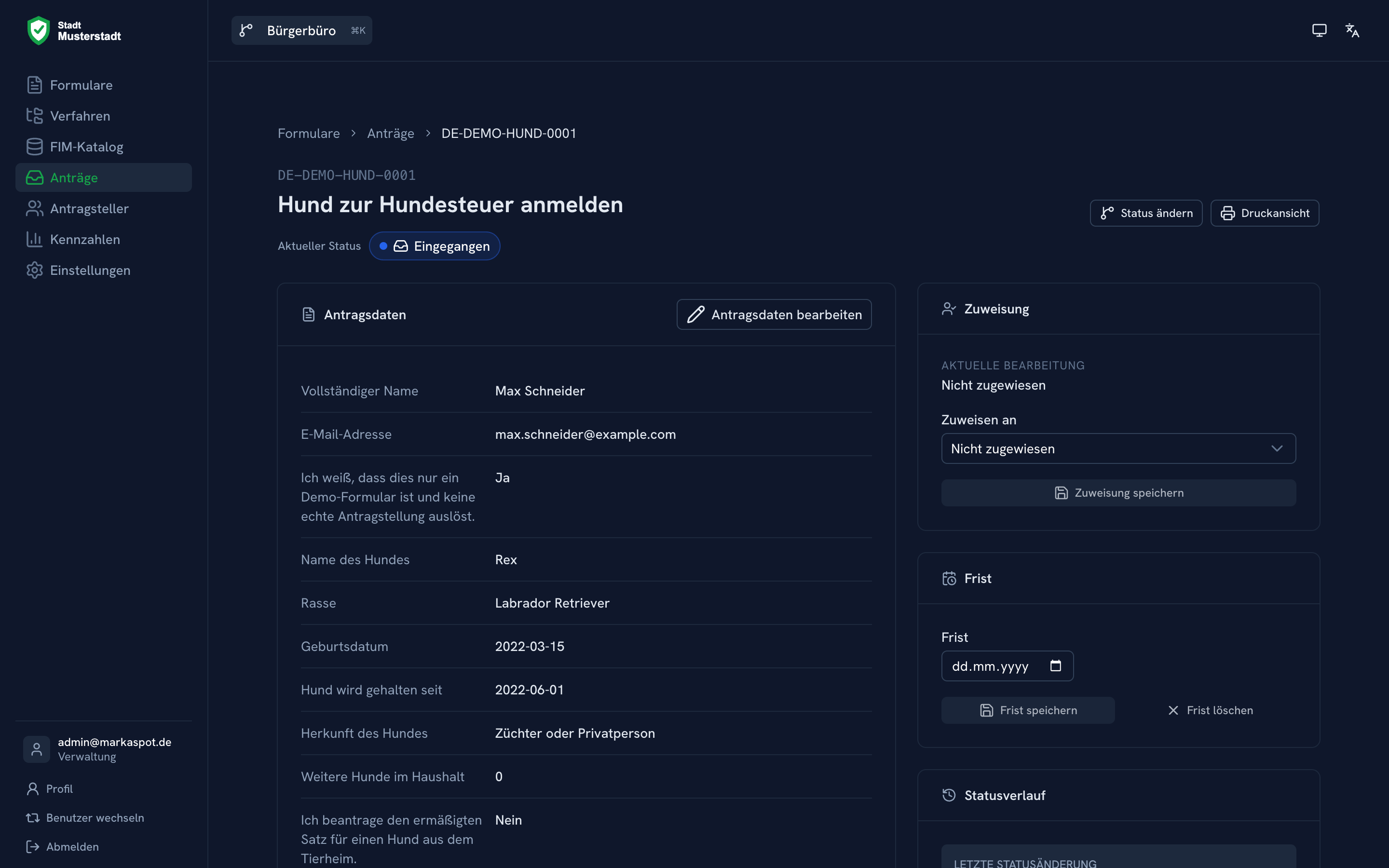 Vorgangsdetail mit Status, Zuweisung, Frist und Antragsdaten