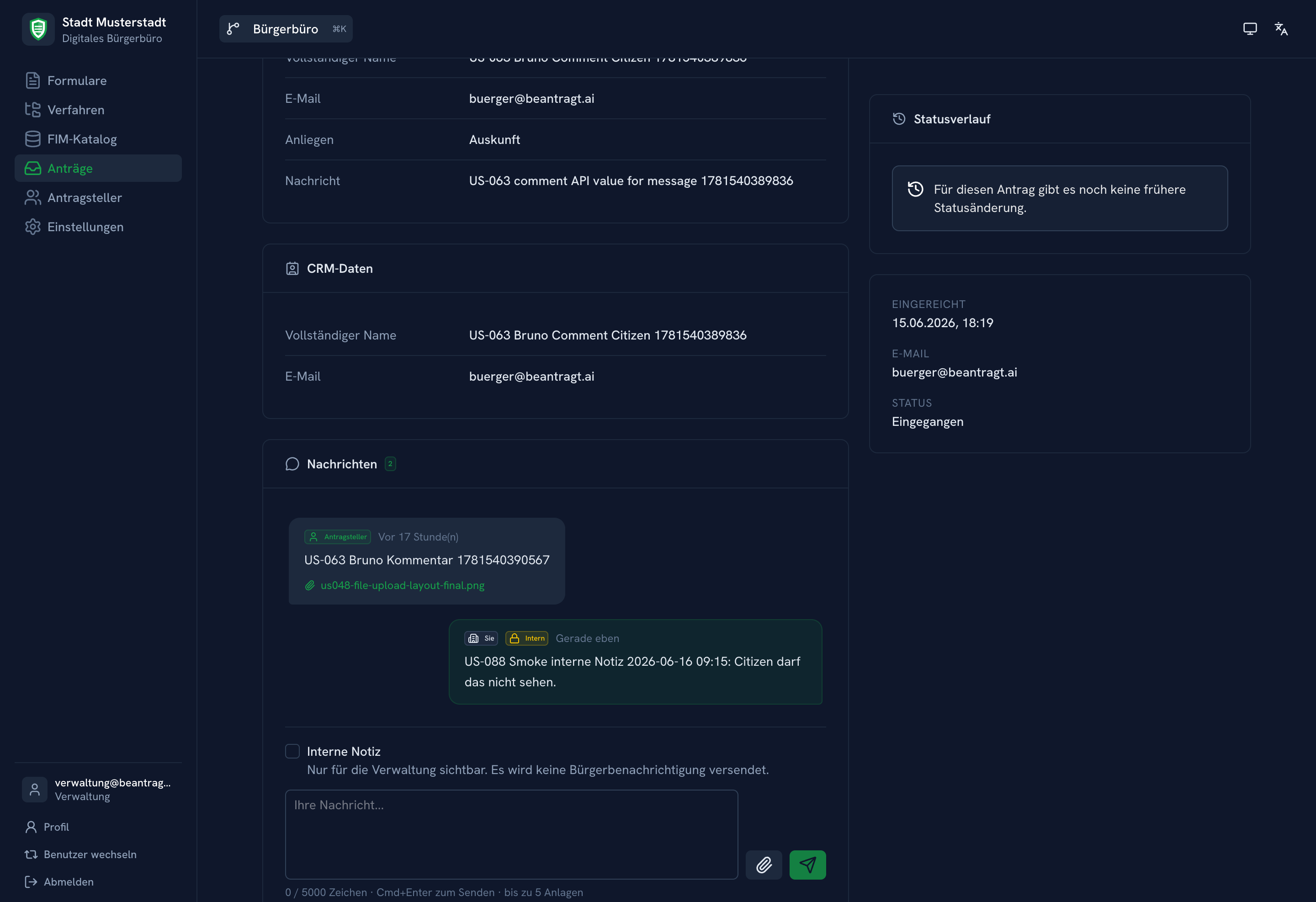 Interne Notiz am Vorgang mit Kommentaren und Rückfragen in der Akte