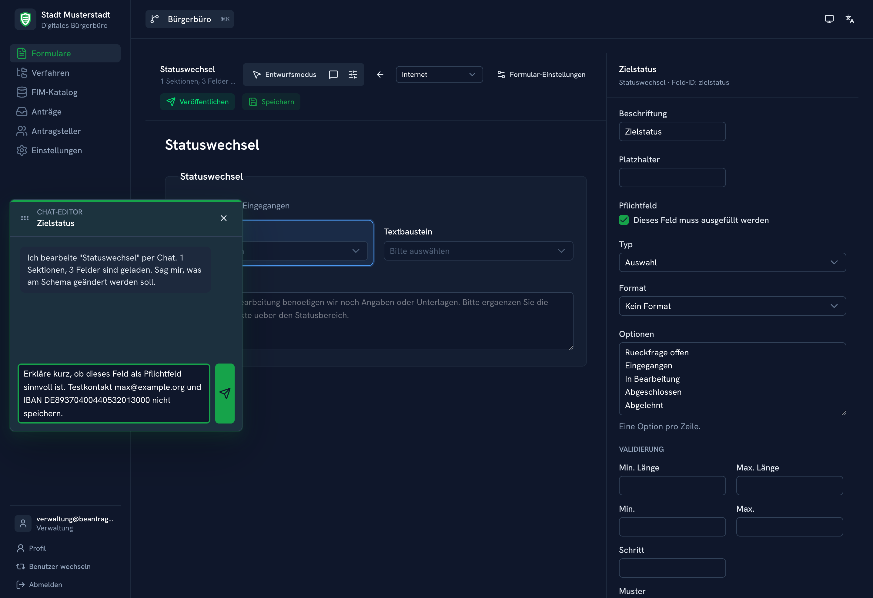 Schema-Editor mit Feldern, Zuständigkeiten und visueller Bearbeitung