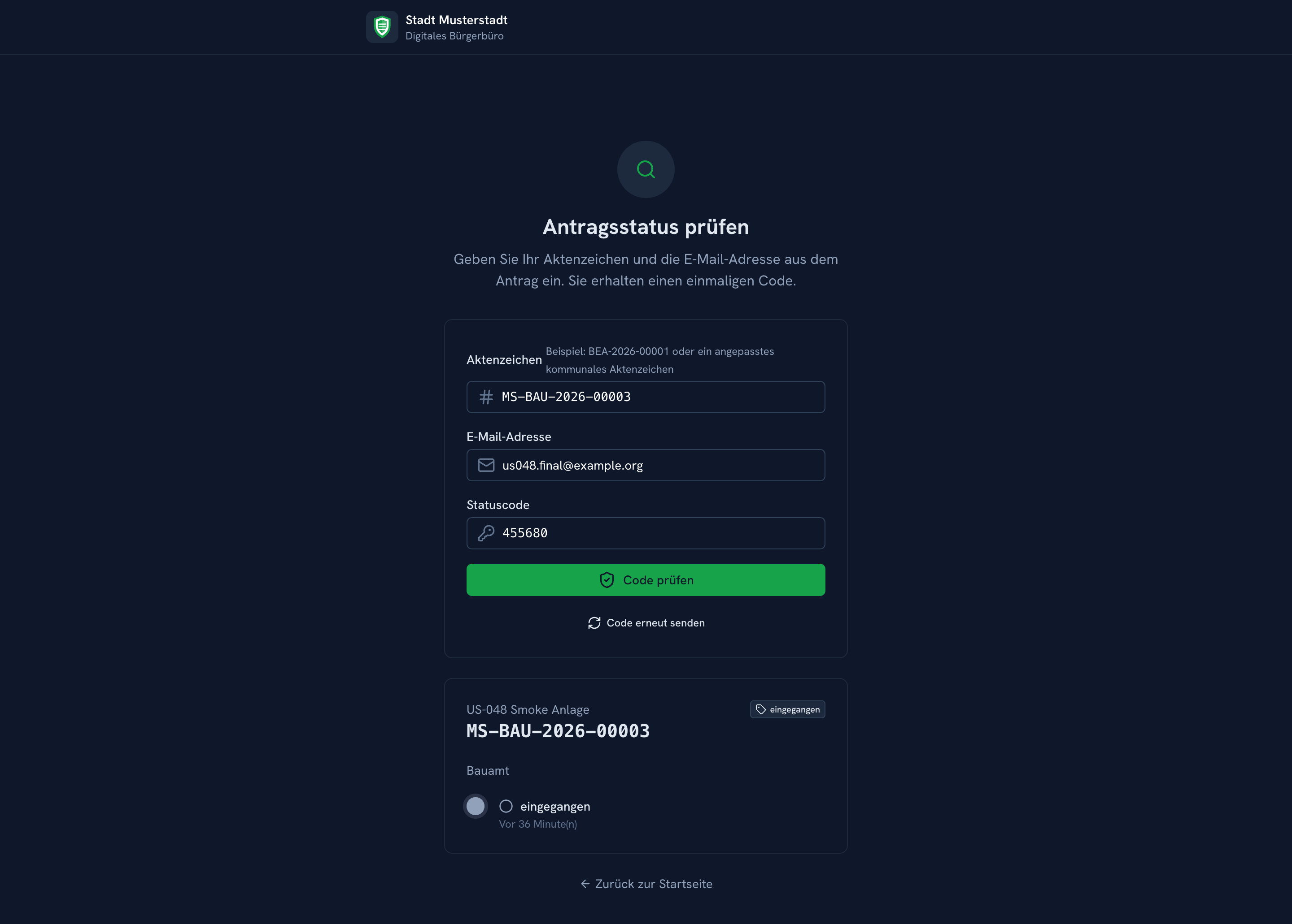 Status-Abfrage per Einmalcode ohne Nutzerkonto